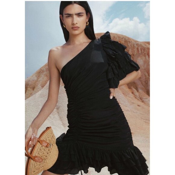 NWT Magali Pascal Desa Black One Shoulder Ruched Ruffle Adjustable Mini Dress Si - Picture 1 of 8